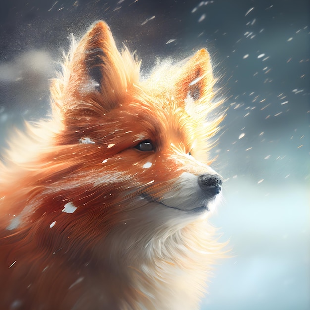 Portrait of a cute fluffy red dog in the snow Digital painting