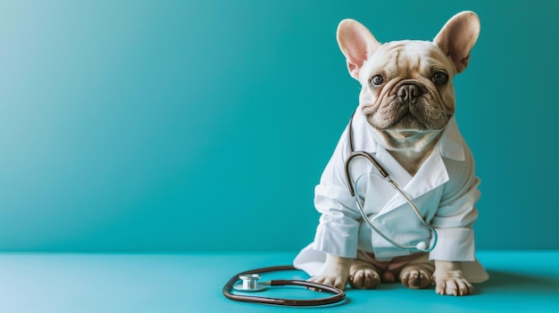 Portrait of a cute French bulldog in a medical uniform with a stethoscope