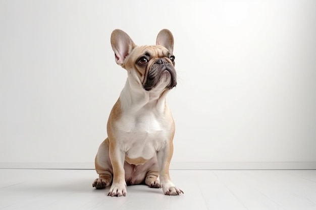 Portrait of cute french bulldog posing stand on hind legs isolated over white wall