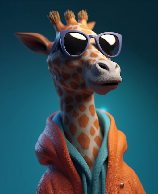 Portrait cute giraffe wearing hooded sweatshirt and sunglasses