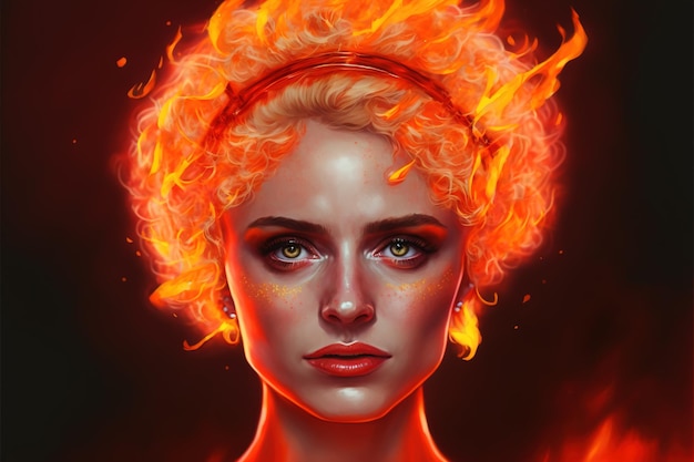 Portrait of a cute girl in the fire Burning girl in the flame Digital art style illustration painting of a woman in the fire