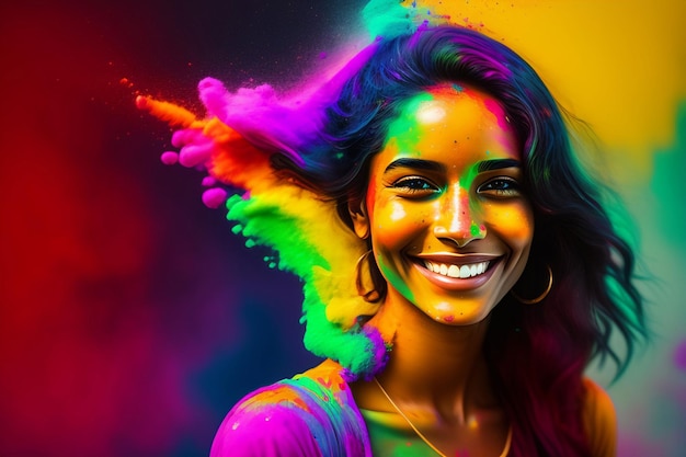 portrait of a cute girl painted in the colors of holi festival