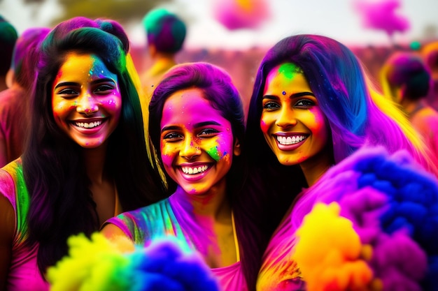 portrait of a cute girl painted in the colors of holi festival