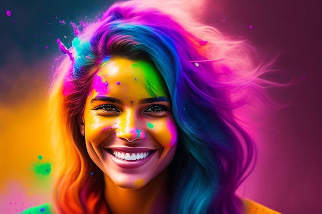 portrait of a cute girl painted in the colors of holi festival