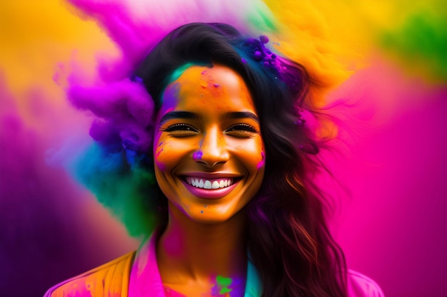 portrait of a cute girl painted in the colors of holi festival