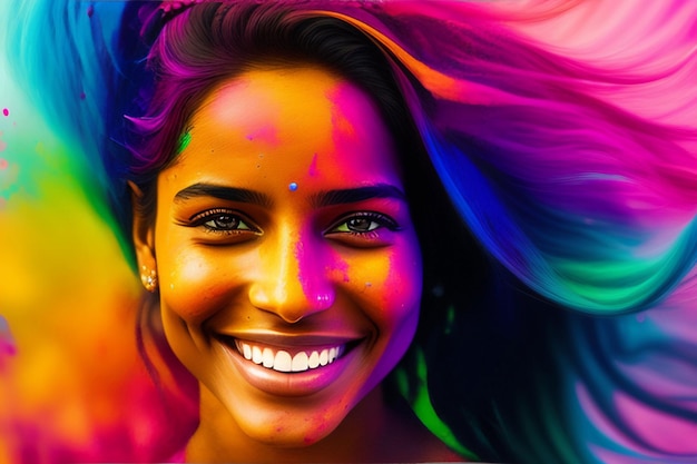 portrait of a cute girl painted in the colors of holi festival