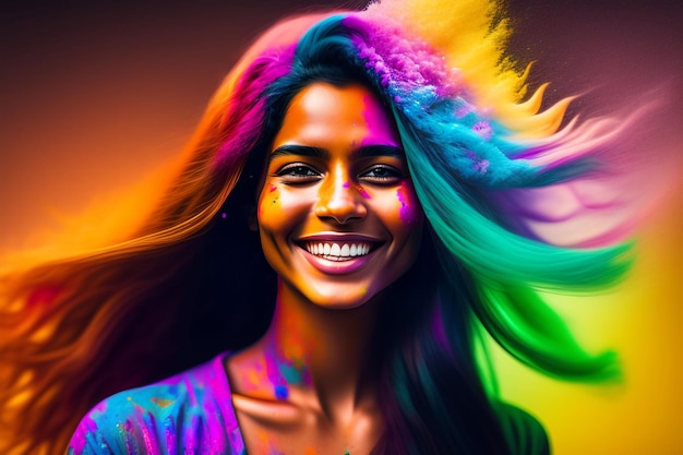 portrait of a cute girl painted in the colors of holi festival