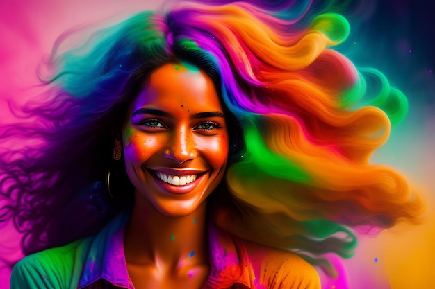 portrait of a cute girl painted in the colors of holi festival