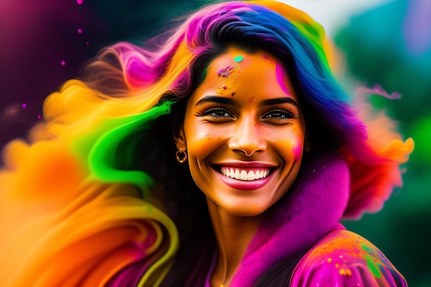 portrait of a cute girl painted in the colors of holi festival