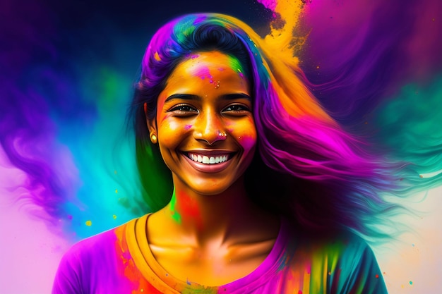 portrait of a cute girl painted in the colors of holi festival