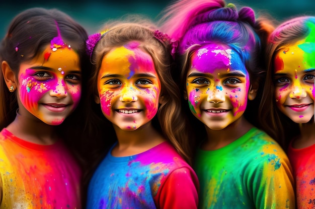 portrait of a cute girl painted in the colors of holi festival