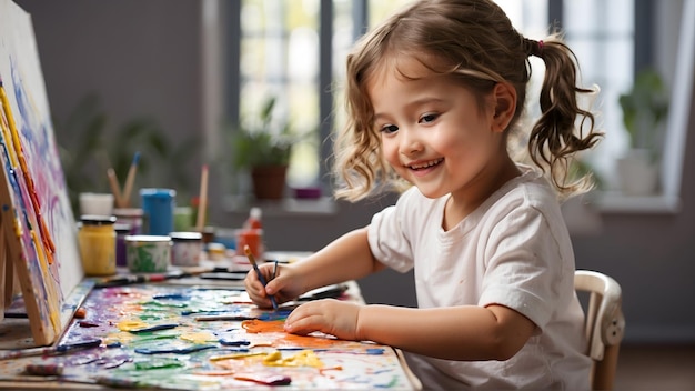 Portrait of cute girl painting on canvas