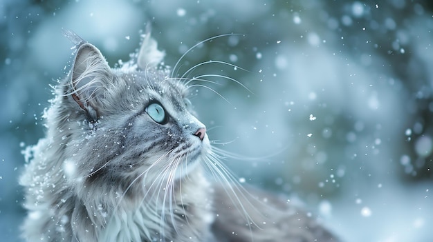 Photo portrait of cute gray cat with blue eyes looking up at the snowing sky in wonder as snowflakes