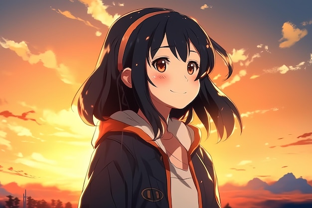 Portrait of a cute happy anime girl in a jacket on a beautiful sunset background