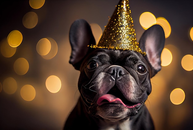 Portrait of cute happy French Bulldog in the celebration party with bokeh light and confetti in the dark background Generative AI