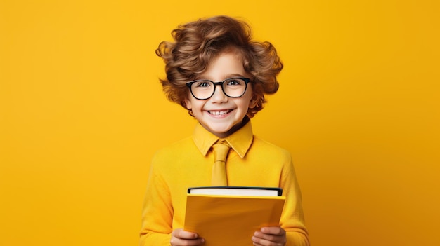 Portrait cute happy smiling schoolboy in glasses with books on yellow background AI generated