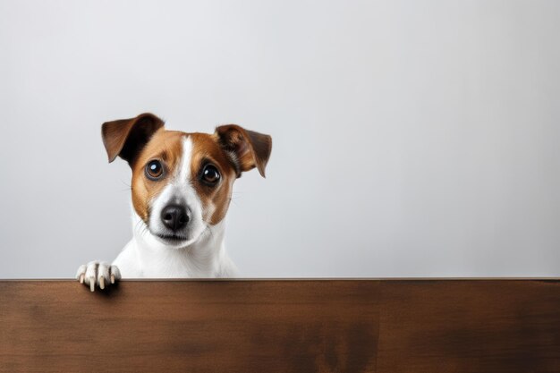 Photo portrait of a cute jack russel puppy looking around the corner of a white empty board with space for