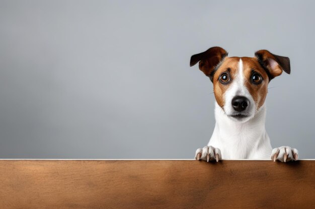 Portrait of a cute jack russel puppy looking around the corner of a white empty board with space for