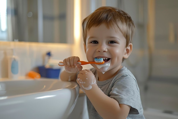 Portrait of cute little boy brushing his teeth in the bathroom