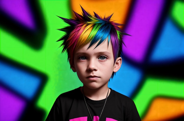 Portrait of a cute little boy punk with colorful hair on her arm Generative AI