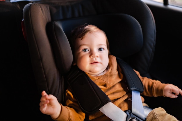 Portrait of a cute little boy sitting in a black car seat fastened with seat belts