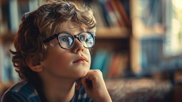 Portrait of cute little boy wearing eyeglasses and looking away