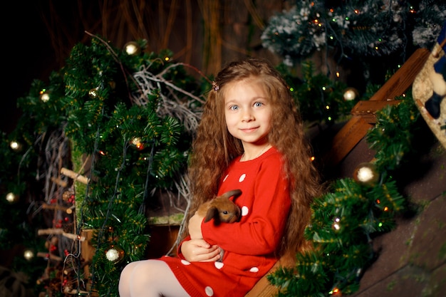 Portrait of cute little girl holds rabbit in her hands. Christmass decoration. Holidays concept