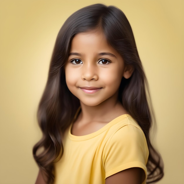 Portrait of a cute little girl looking at camera over yellow background