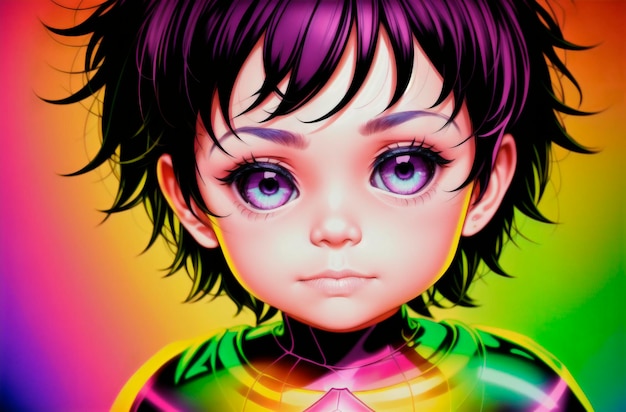 Portrait of a cute little girl on a multicolored background Generative AI