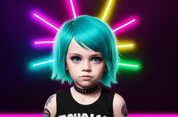 Portrait of a cute little girl punk with colorful hair on her arm Generative AI