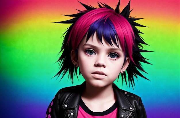 Portrait of a cute little girl punk with colorful hair on her arm Generative AI