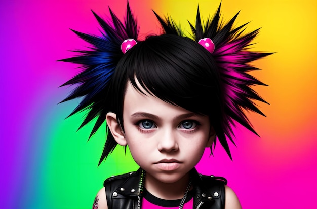 Portrait of a cute little girl punk with colorful hair on her arm Generative AI