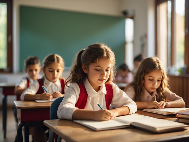 Portrait of a cute little girl sitting at a desk in a classroom