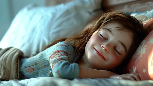 Portrait of a cute little girl sleeping on the bed at home