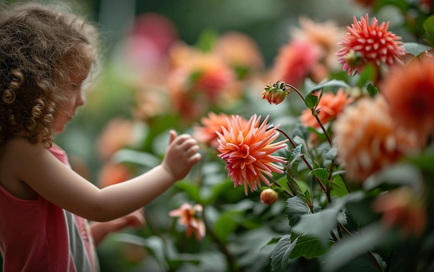 Portrait of a cute little girl sniffing a big colorful blooming flower