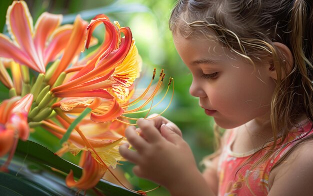 Portrait of a cute little girl sniffing a big colorful blooming flower