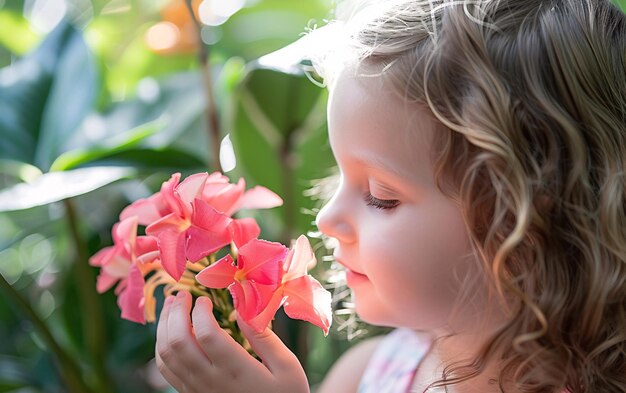 Portrait of a cute little girl sniffing a big colorful blooming flower