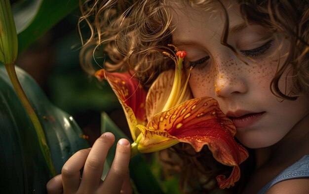 Photo portrait of a cute little girl sniffing a big colorful blooming flower