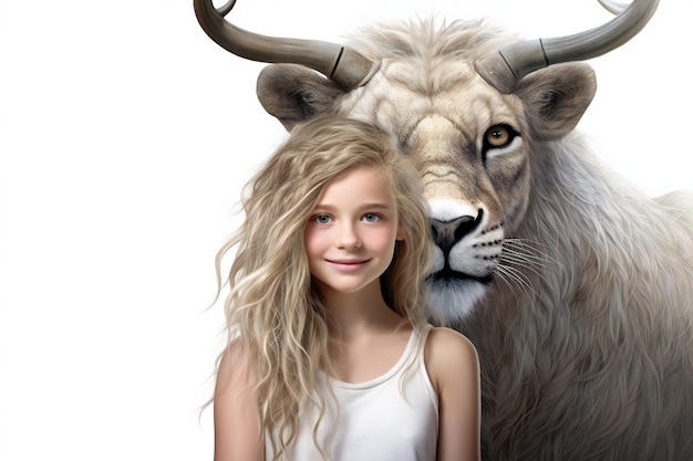 Portrait of a cute little girl with long hair and big horns