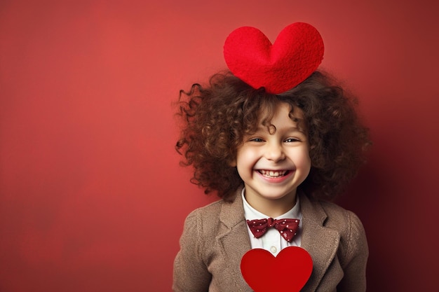 Portrait of a cute little girl with red heart on Valentines day concept