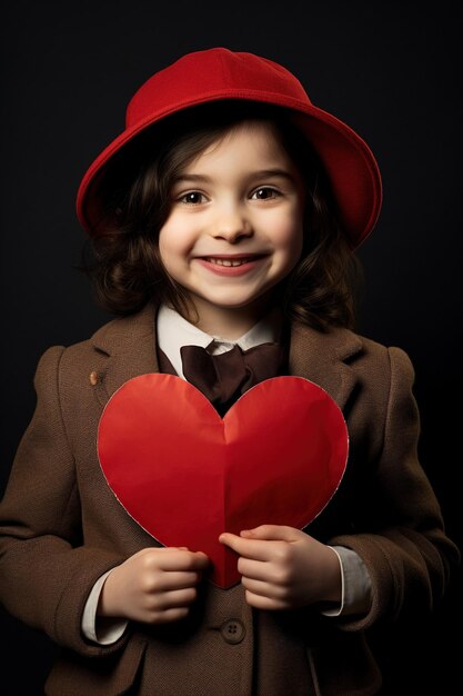 Portrait of a cute little girl with red heart on Valentines day concept