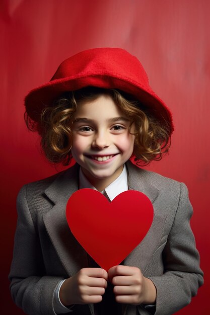 Portrait of a cute little girl with red heart on Valentines day concept