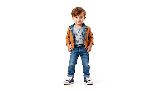 Photo the portrait of cute little kid boy in stylish jeans clothes looking at camera against white studio