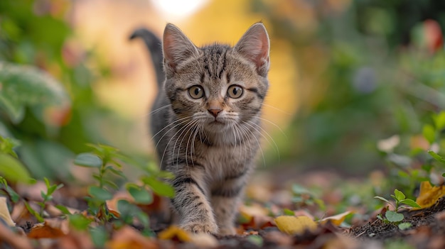 Portrait of cute little kitten walking in a sunny summer garden generative ai