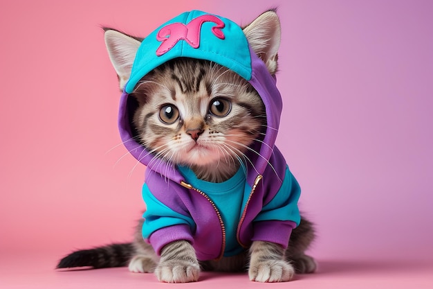 Photo portrait of a cute little kitty cat posing at a photoshoot in hiphop clothes with a colored