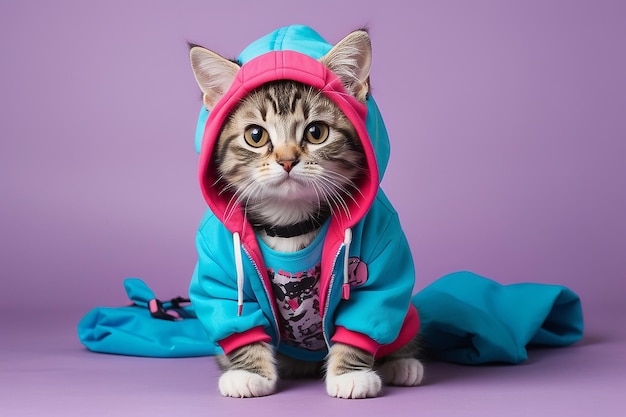 Photo portrait of a cute little kitty cat posing at a photoshoot in hiphop clothes with a colored