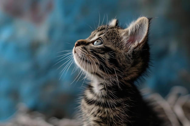 Portrait of a cute little tabby kitten with blue eyes