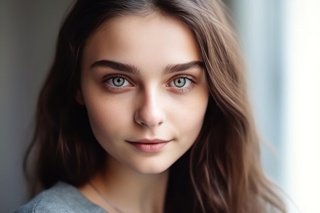 Portrait of cute naive european lop eared girl with cute smile and mysterious look over white backg