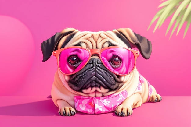 Portrait of cute pug in trendy pink sunglasses ai generative