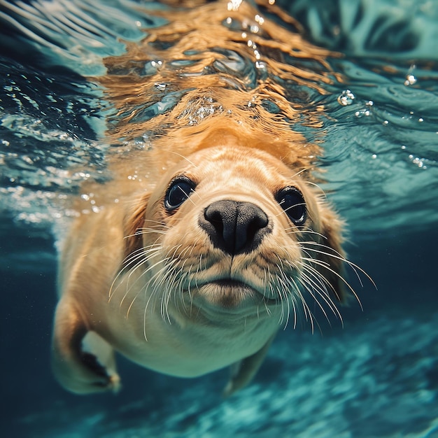 Photo portrait of a cute seal swimming underwater in the pool portrait of a cute puppy